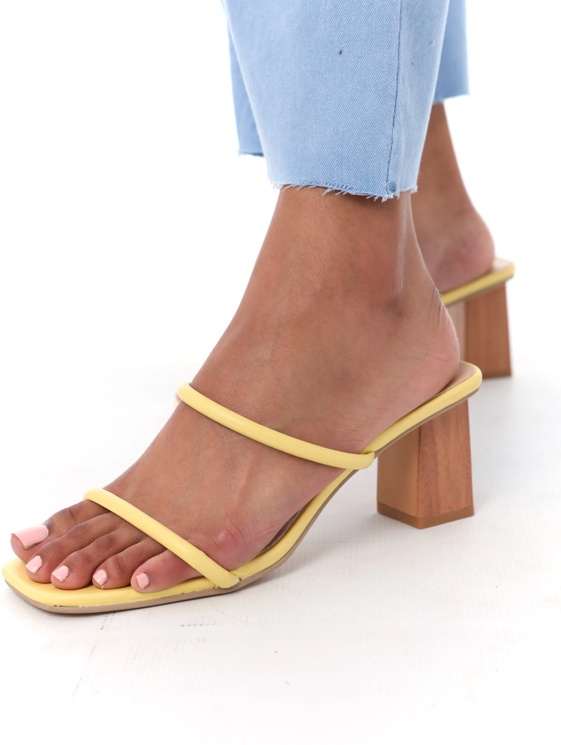 Tubular Double Strap Mid Wood Block Heel - Light Yellow