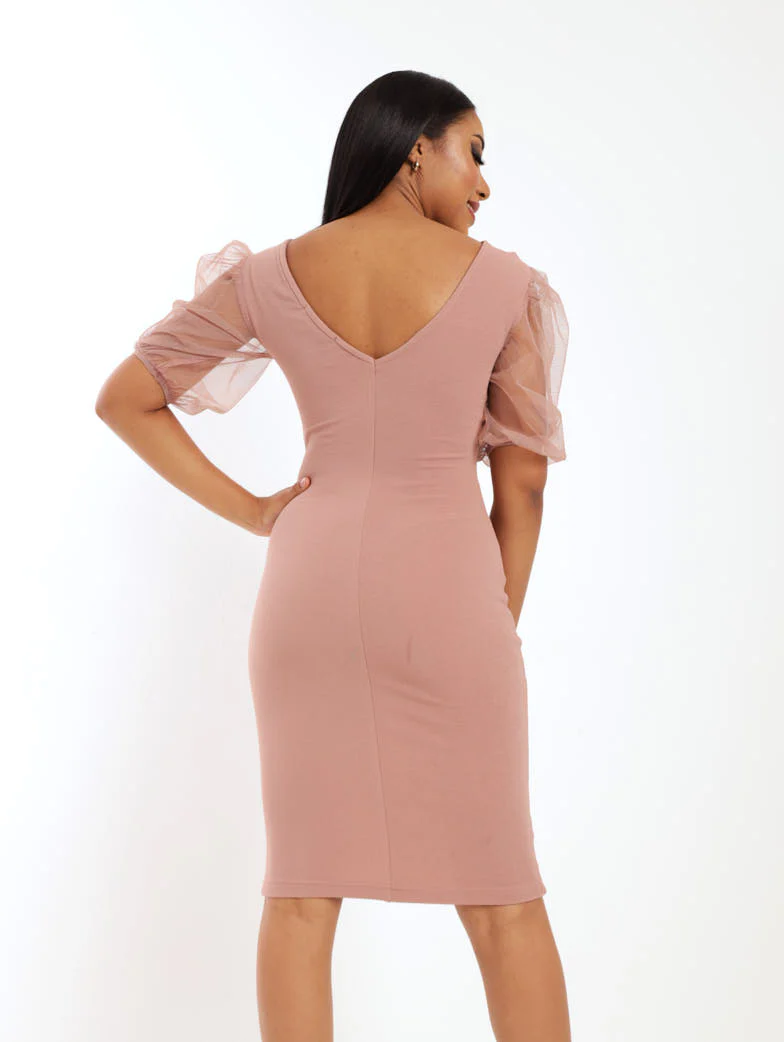 Tulle Sleeve Bodycon Dress - Blush - Image 4