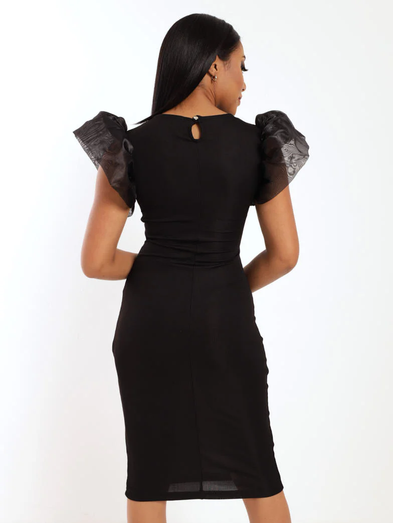 Tulle Sleeve Dress - Black - Image 4