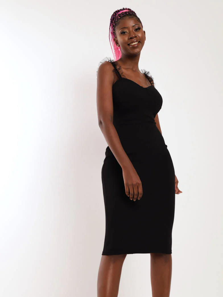Tulle Strap Midi Dress - Black