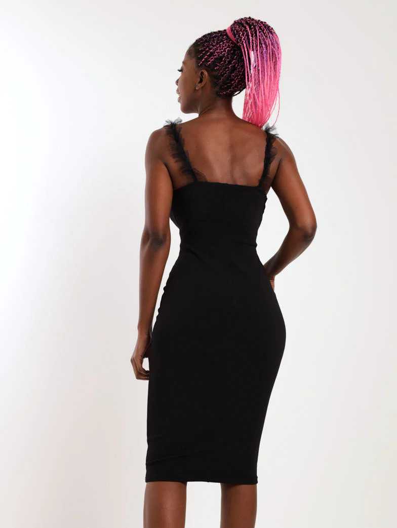 Tulle Strap Midi Dress - Black - Image 4