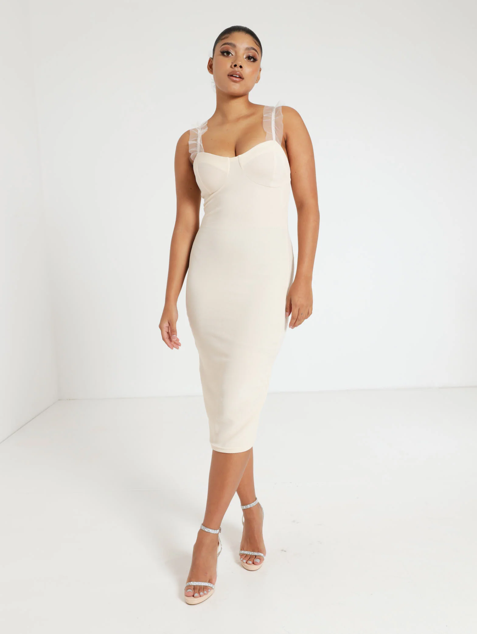 Tulle Strap Midi Dress - Cream