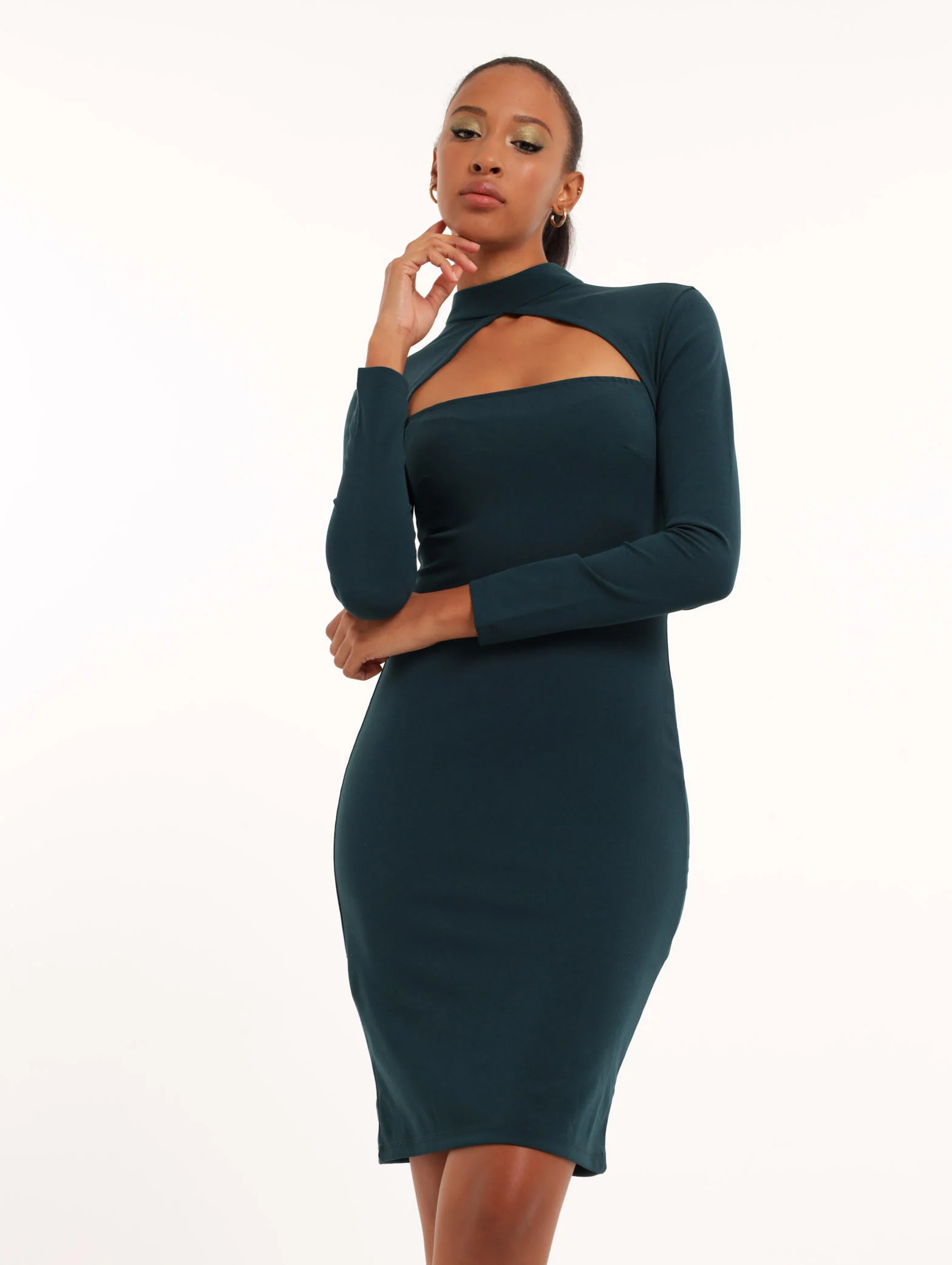 Turtle Neck Cut Out Detail Bodycon Dress - Teal