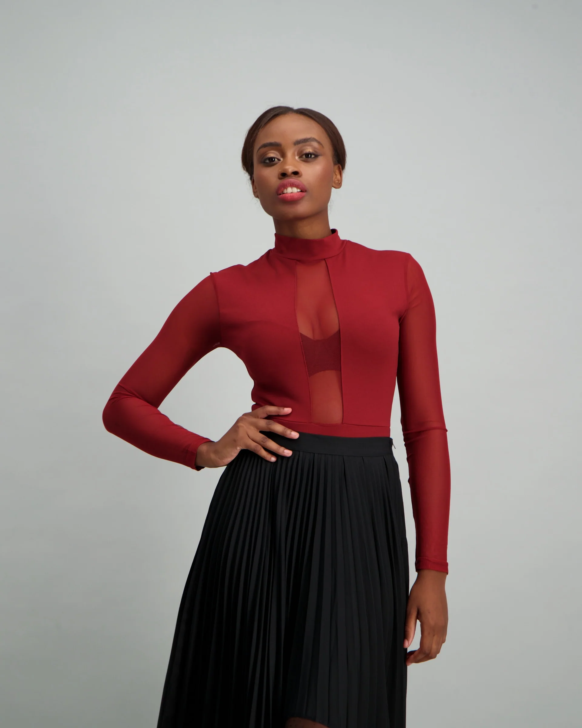 Turtle Neck Mesh Bodysuit - Burgundy