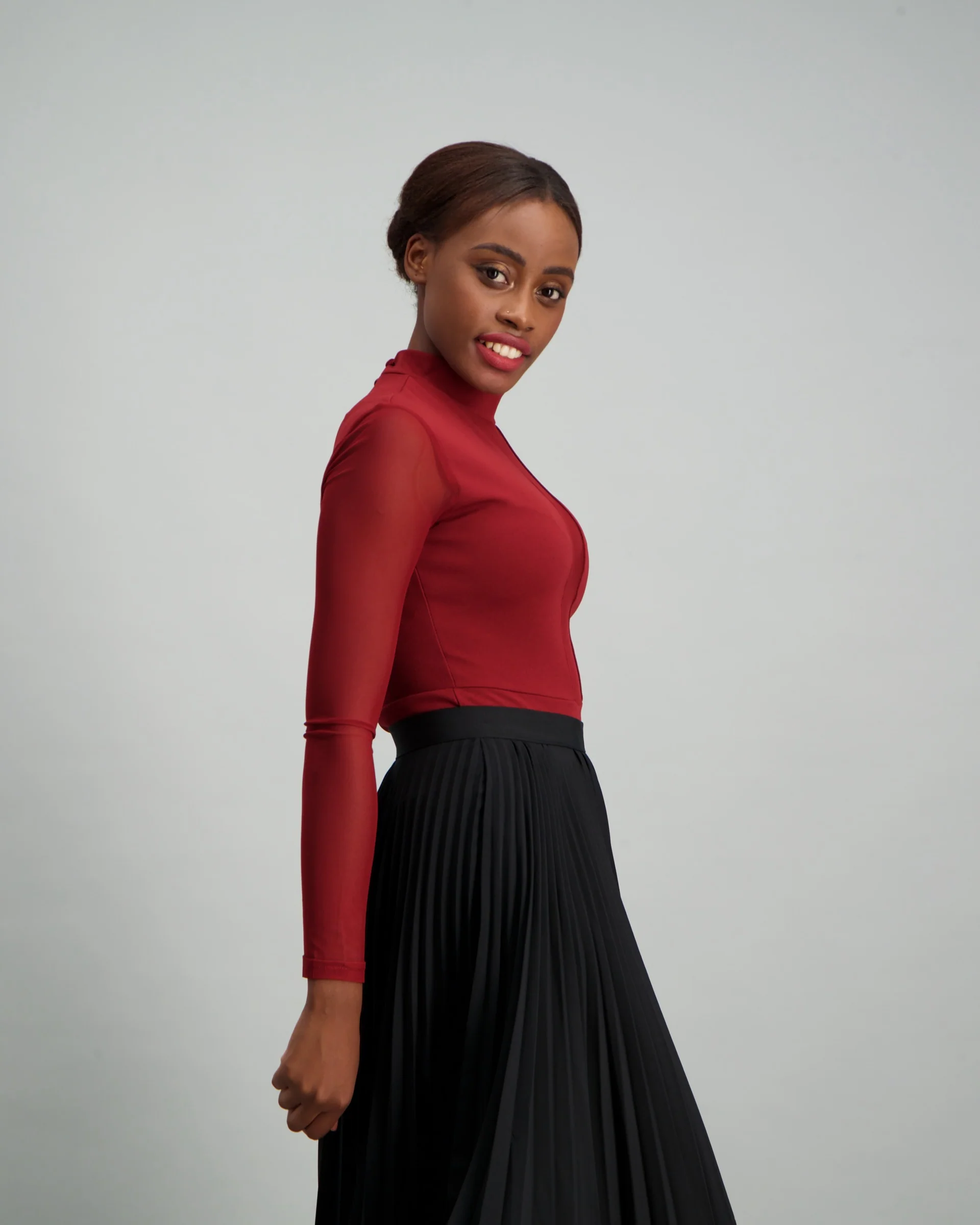Turtle Neck Mesh Bodysuit - Burgundy - Image 3