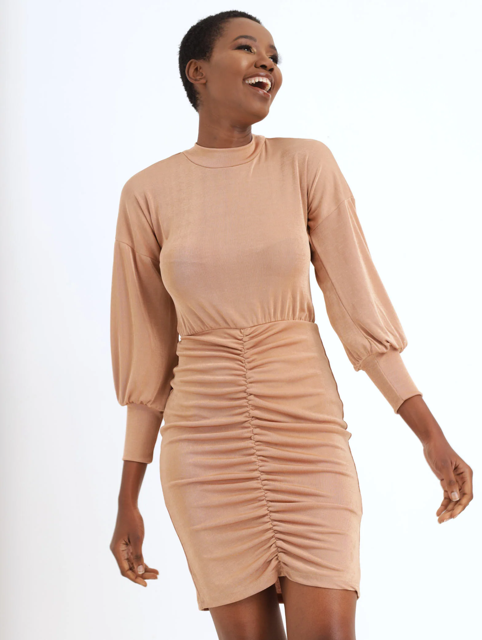 Turtle Neck Ruched Skirt Slinky Dress - Stone