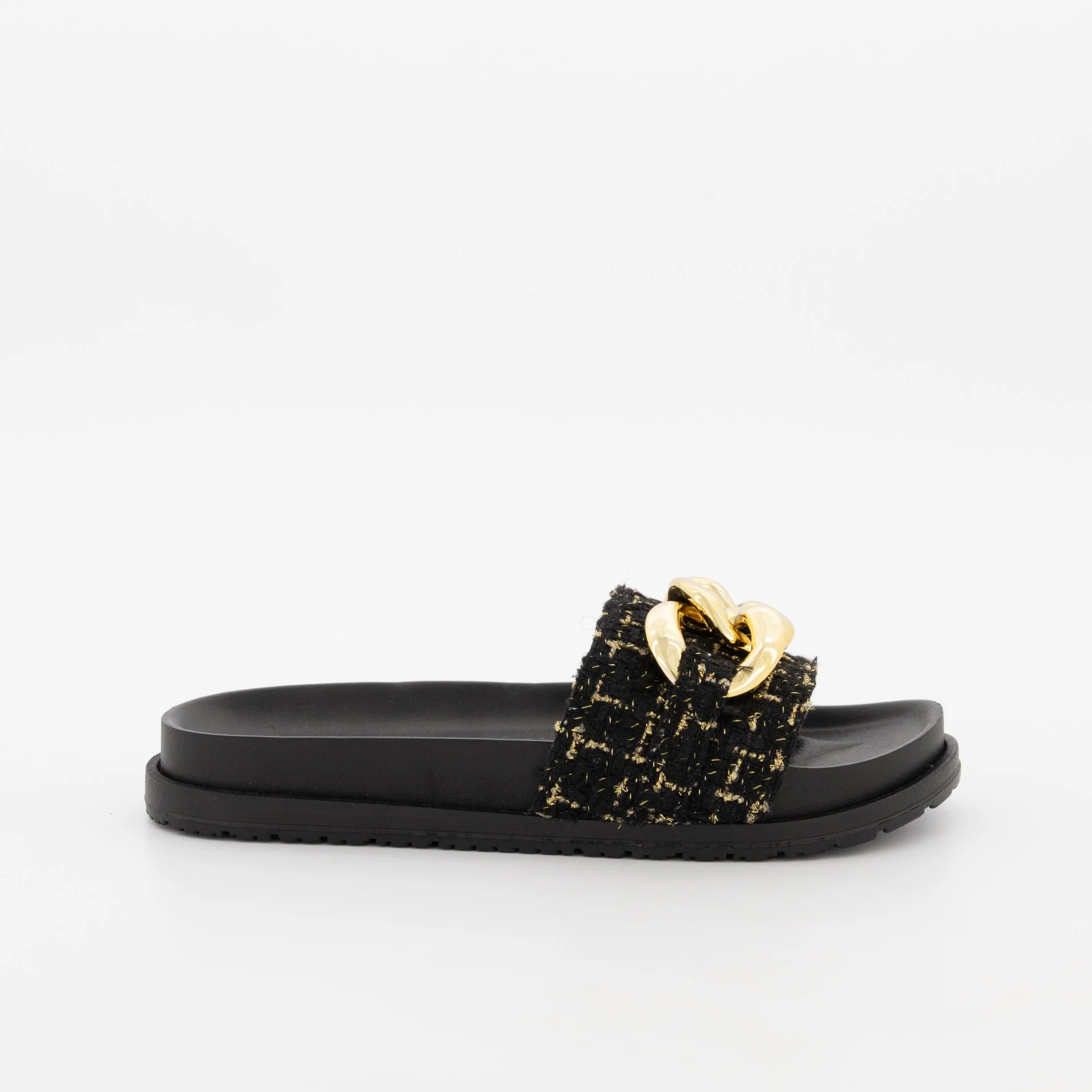 Tweed Chunky Chain Moulded Mule Slide - Black - Image 2