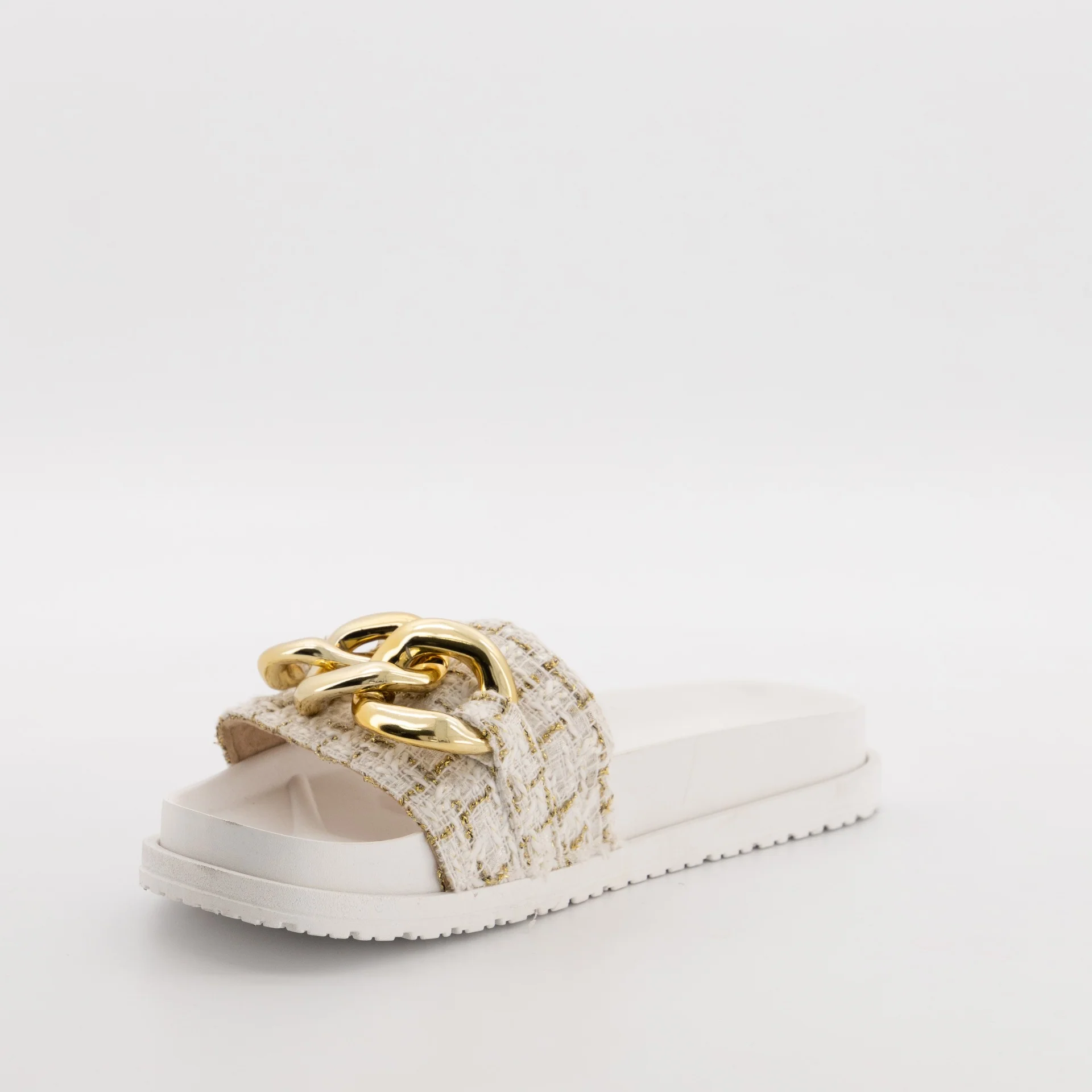 Tweed Chunky Chain Moulded Mule Slide - White