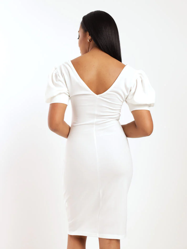 V-Neck Cuff Sleeve Dress - White - Image 3