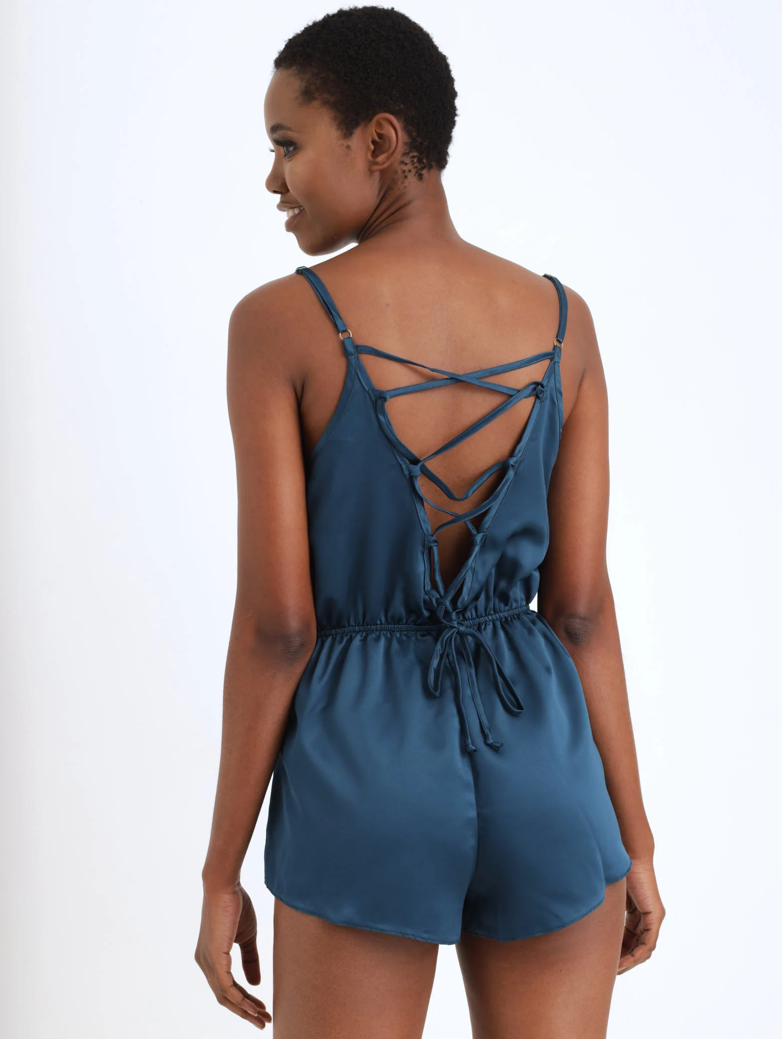 V-Neck Lace Up Teddy Sleepwear - Teal - Image 2