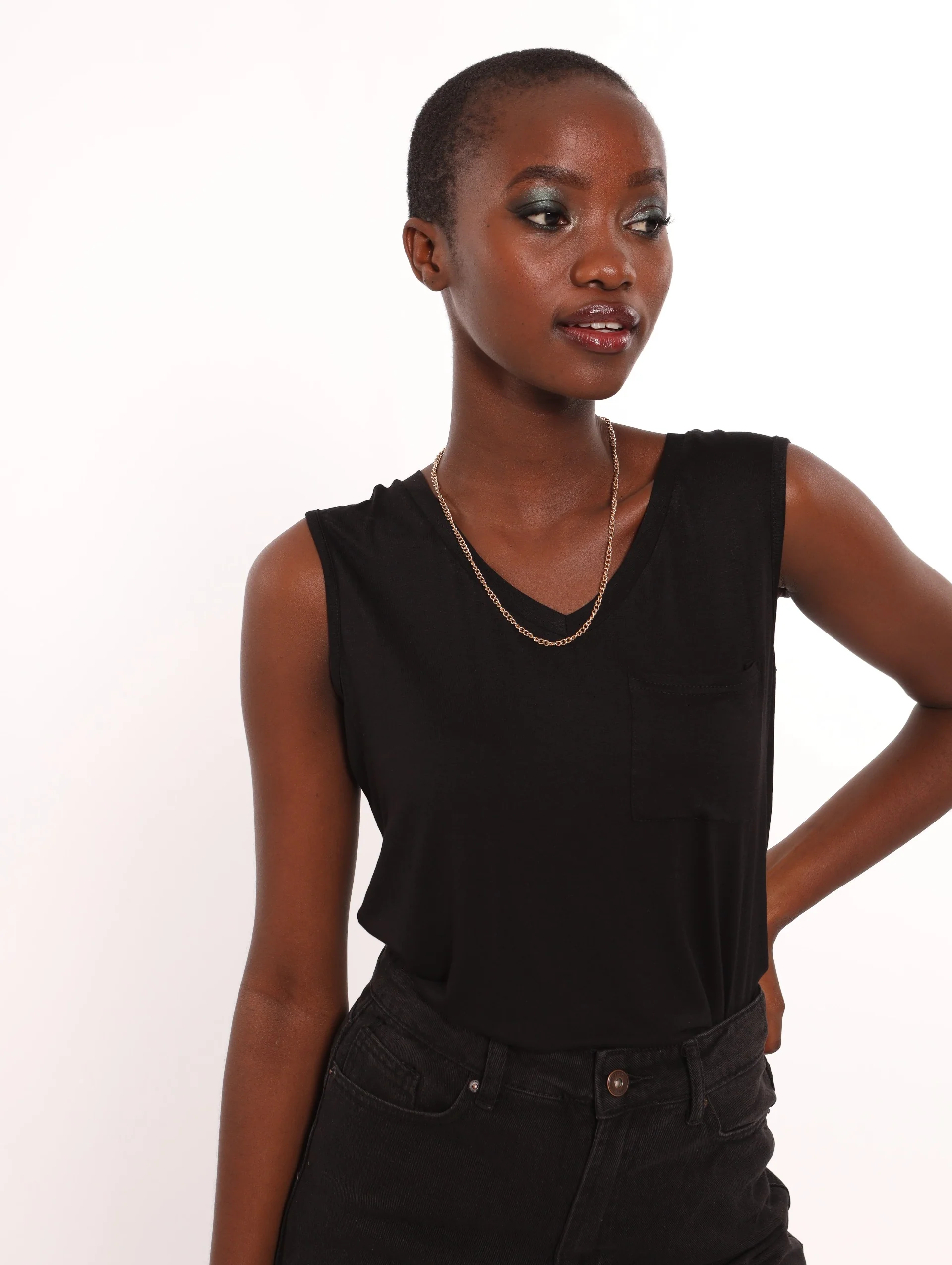 V-Neck Pocket Tank - Black
