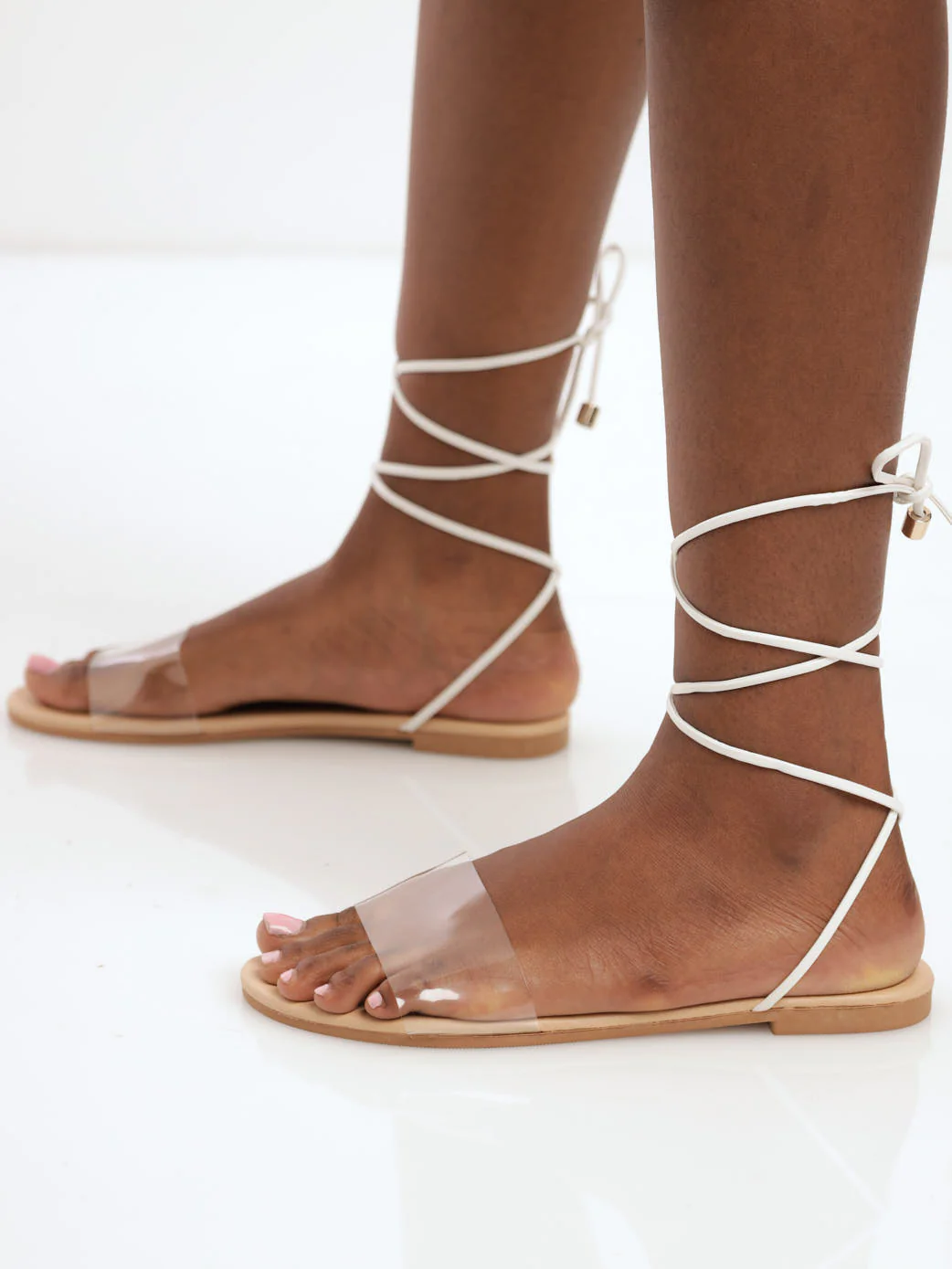 Vinyl Mule Sandal With Ankle Tie - White - Image 2