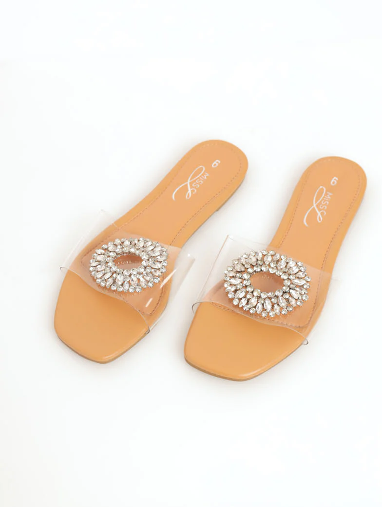 Vinyl Mule Sandal With O-Jeweled Trim - Clear