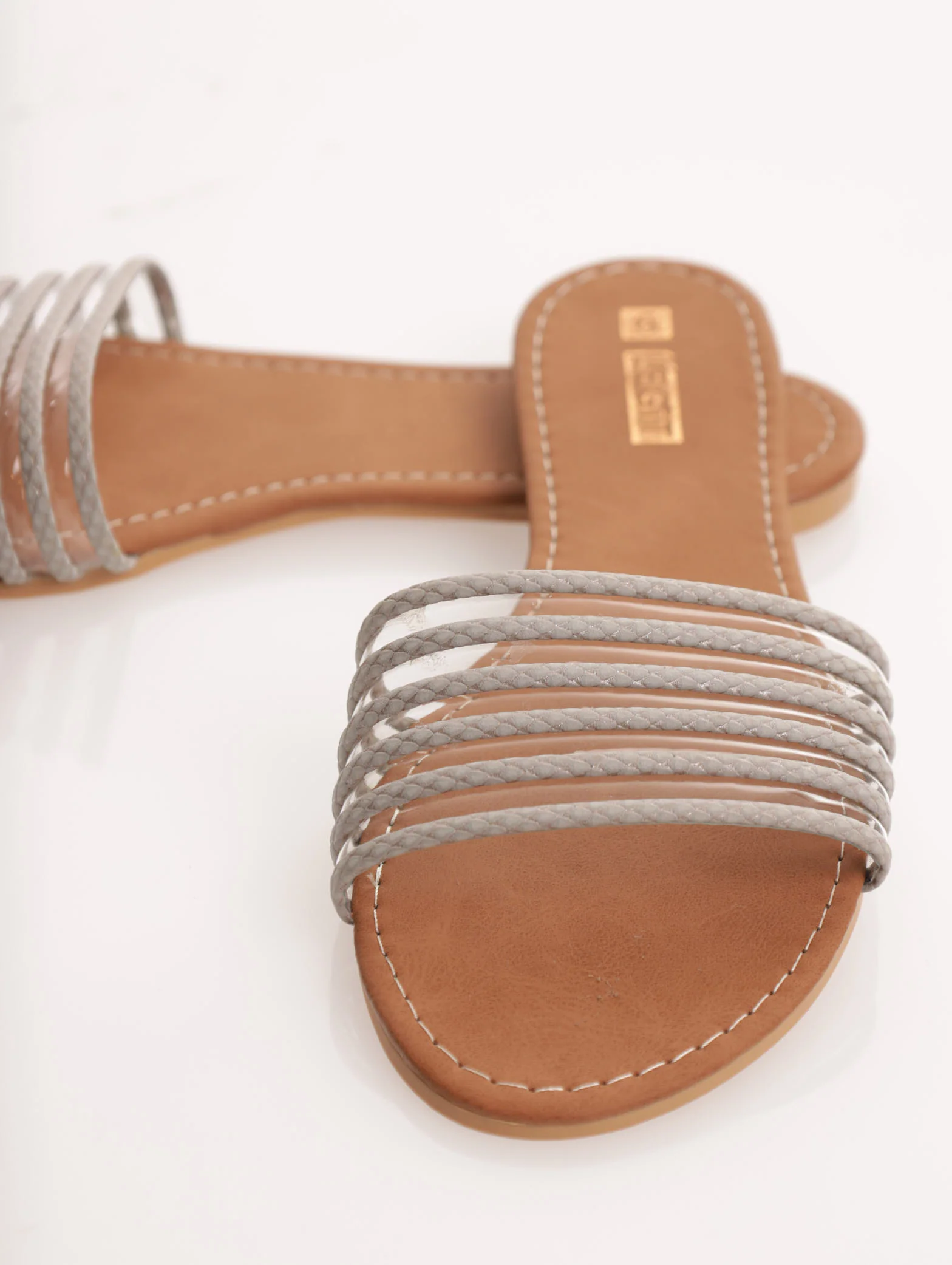 Vinyl Mule Sandal With Textured Stripes - Grey