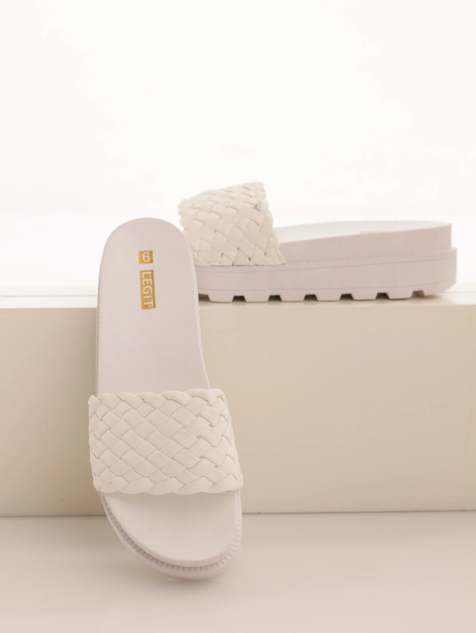 Weave Look Cleated Platform Mule Sandal - White