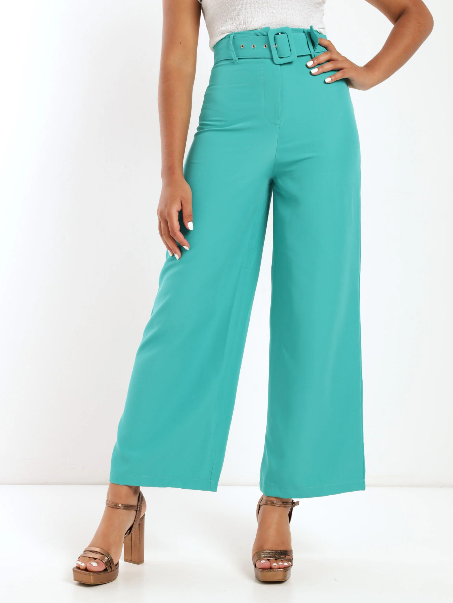 Wideleg Culotte Belted Pant - Aqua
