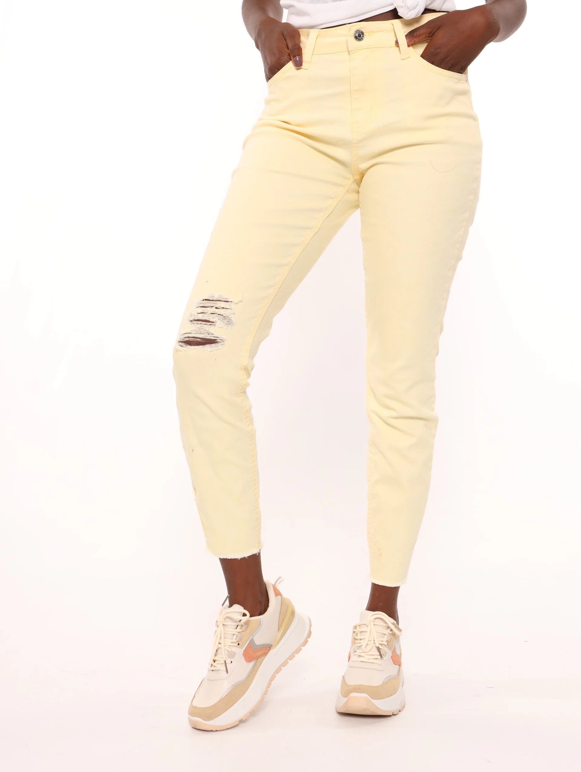 Yellow Hi-waist Abraised Color Skinny Denim Jean