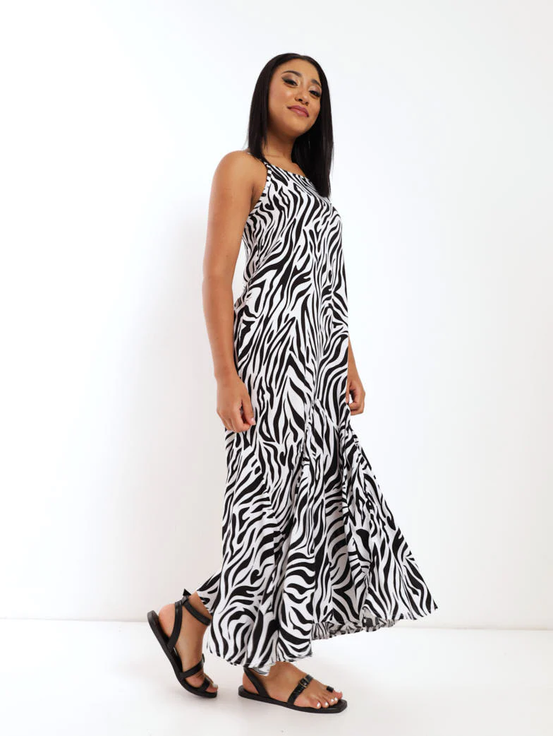Zebra Printed Hanky Hem Dress - Black/White - Image 2