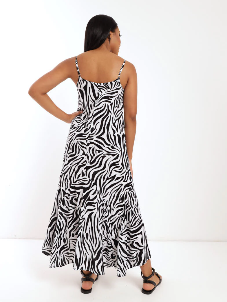 Zebra Printed Hanky Hem Dress - Black/White - Image 3