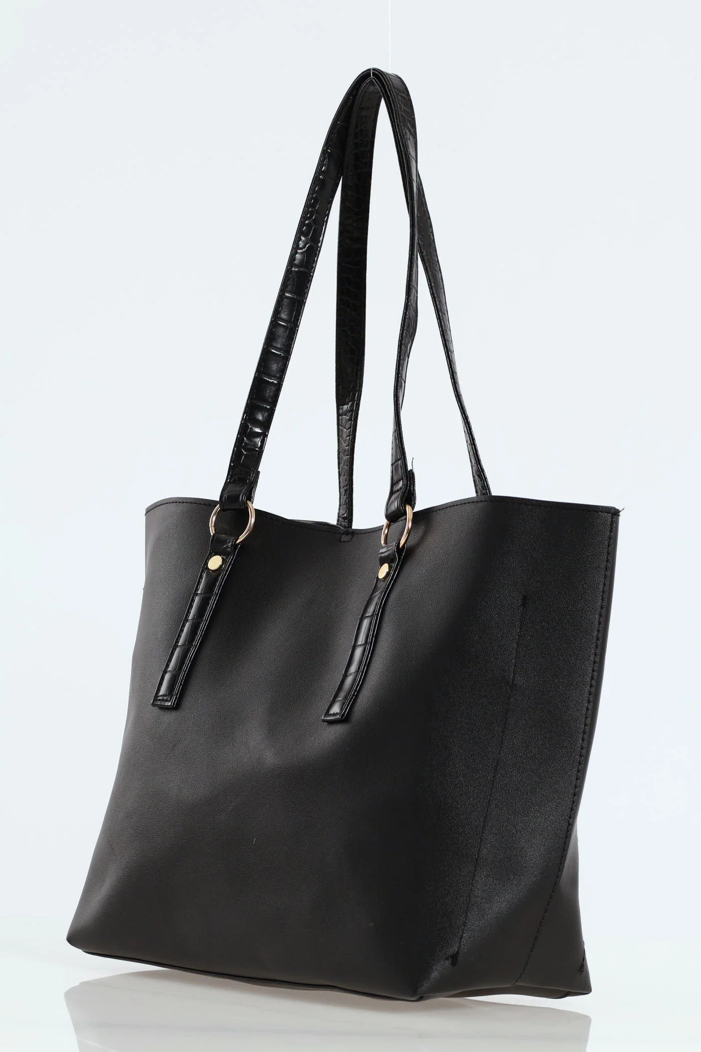 Large Croc Double Tab Buckle Shopper Bag - Black - Image 2