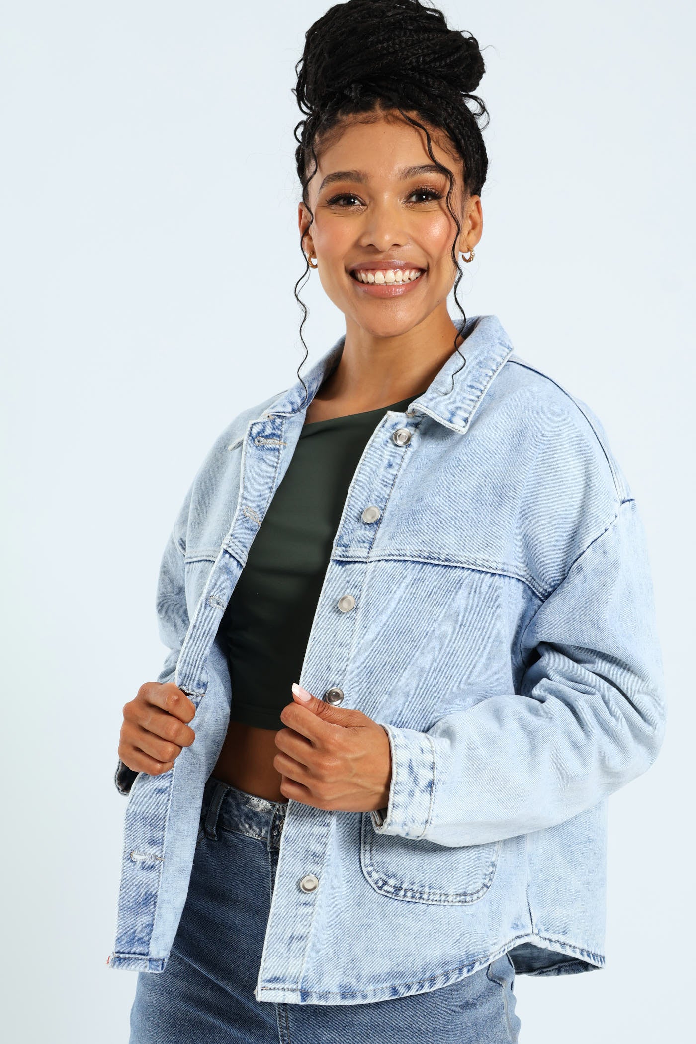Large Front Pocket Denim Shacket - Light Wash