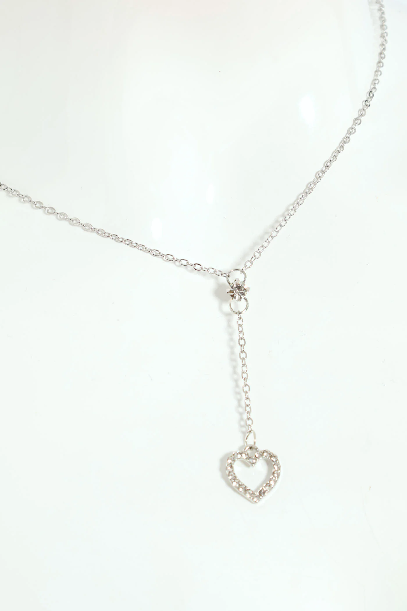 Lariat Diamante Heart Necklace - Silver