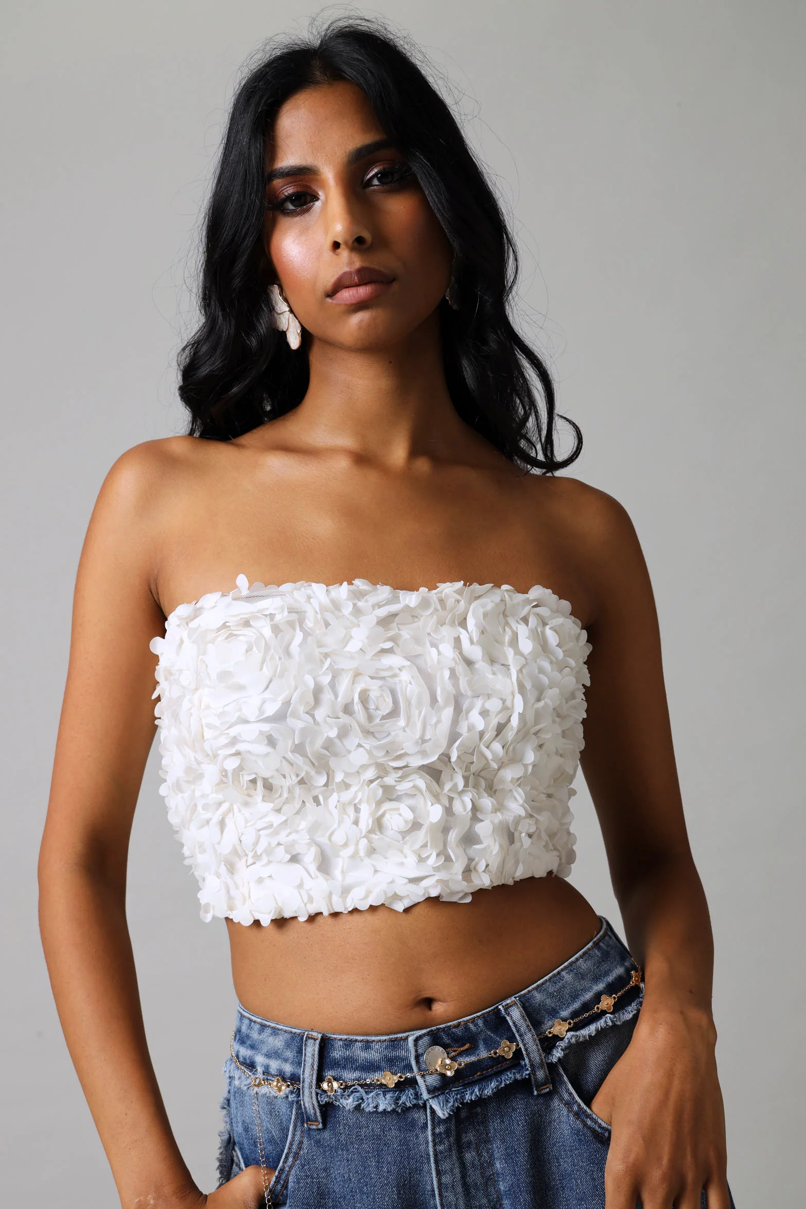 Laser Flower Boobtube Top - Cream