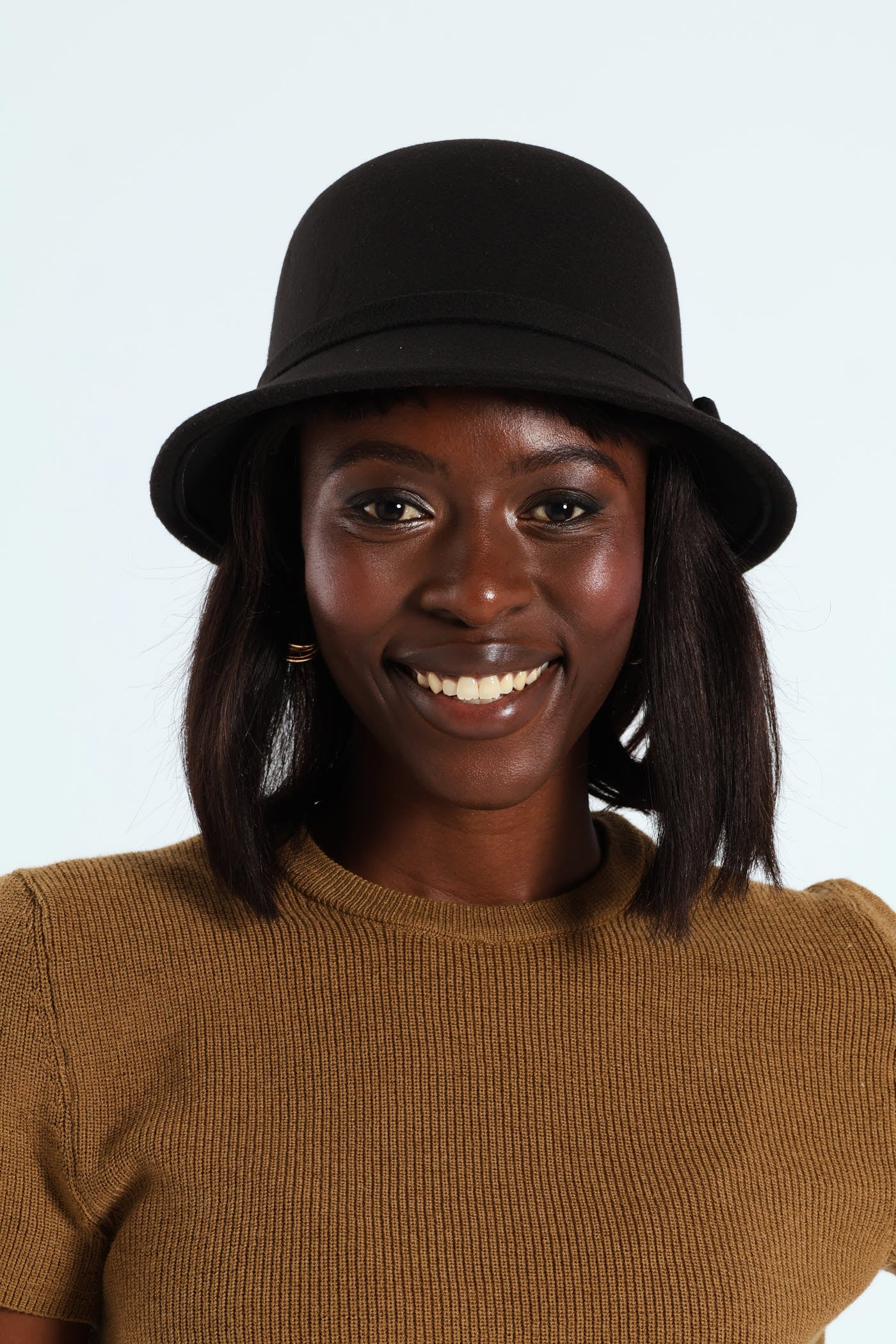 Leather Bow Cloche Hat - Black