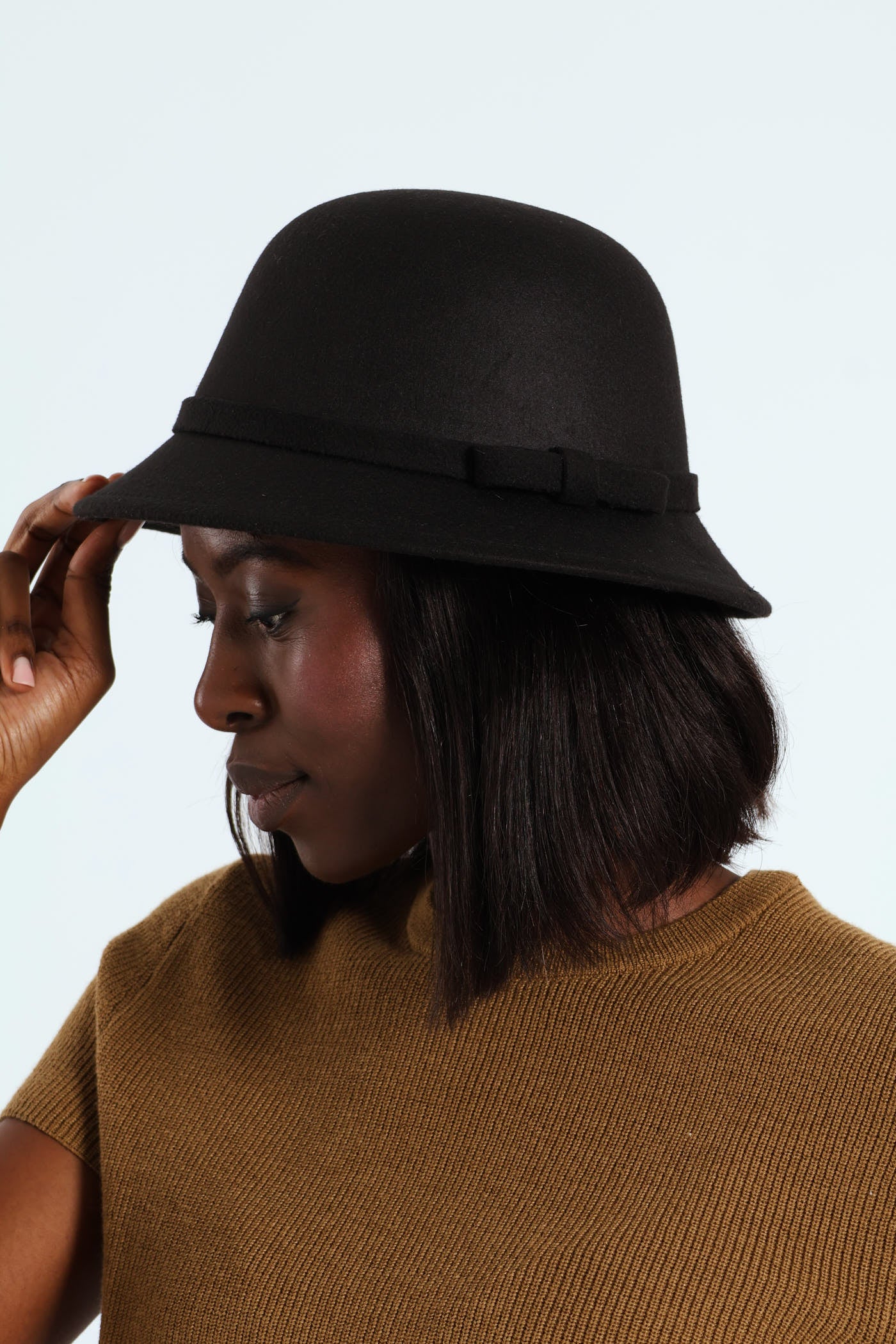 Leather Bow Cloche Hat - Black - Image 3