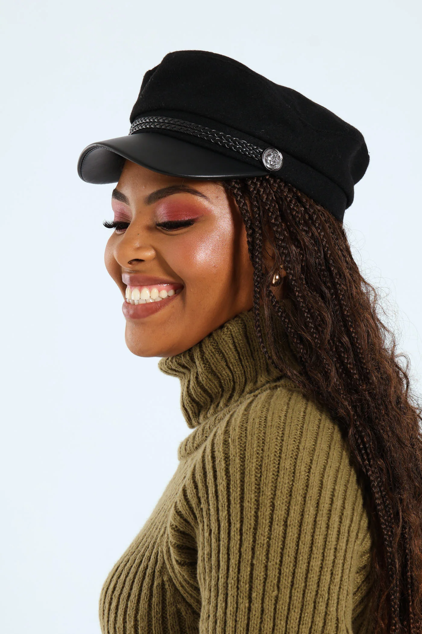 Leather Trim Detail Felt Hat - Black - Image 3