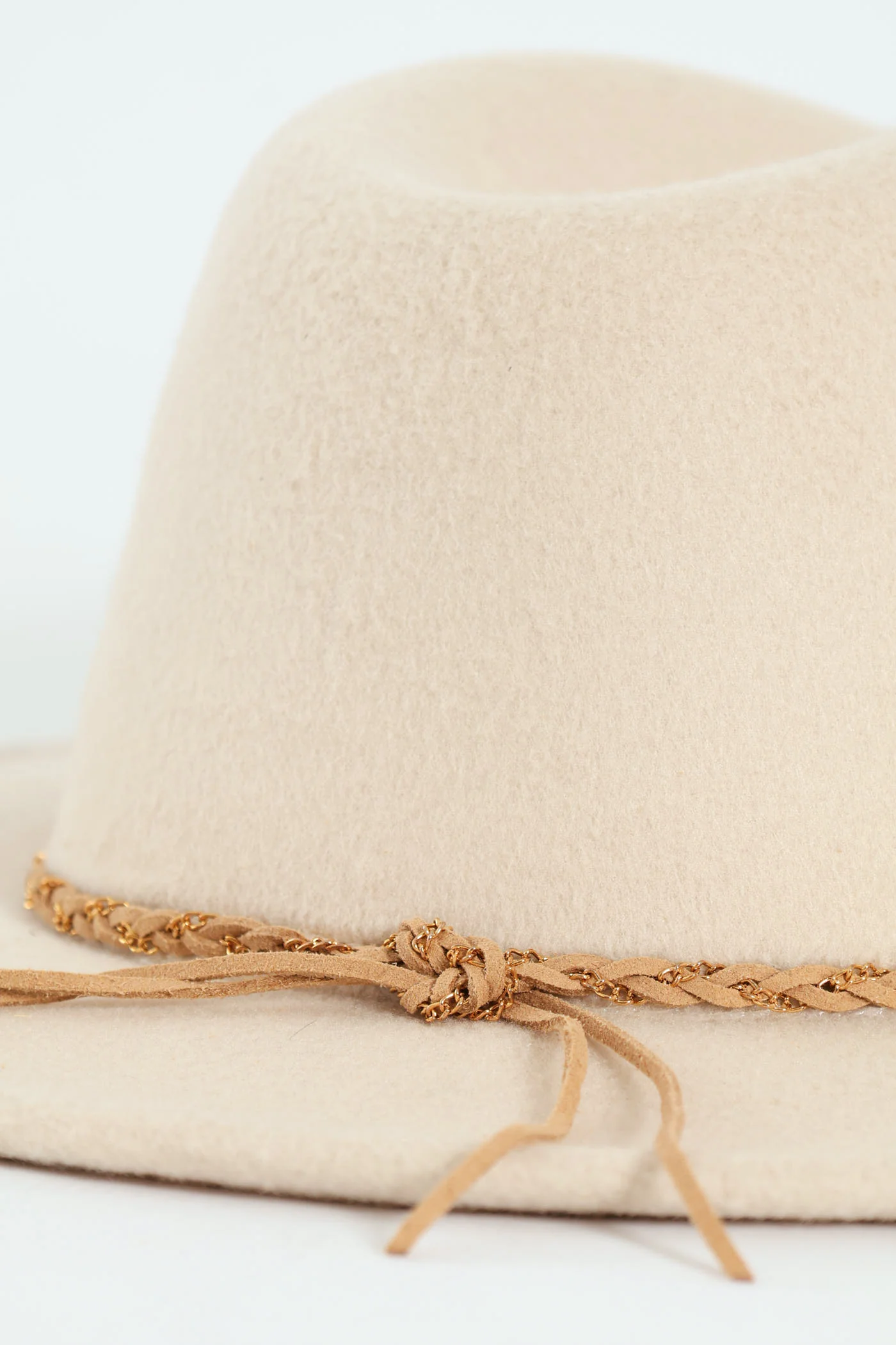 Leather Trim Fedora Hat - Beige - Image 2