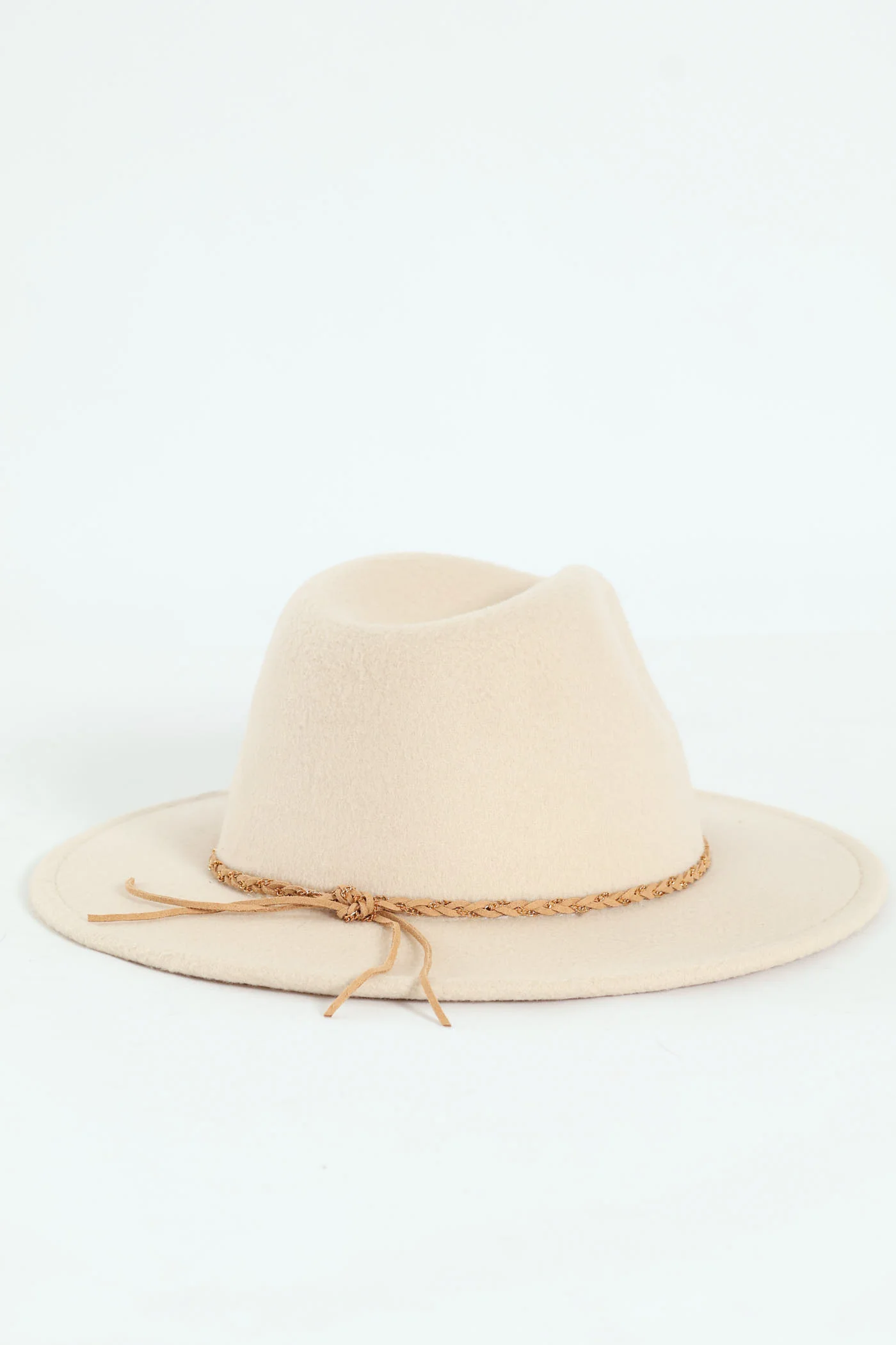 Leather Trim Fedora Hat - Beige - Image 3