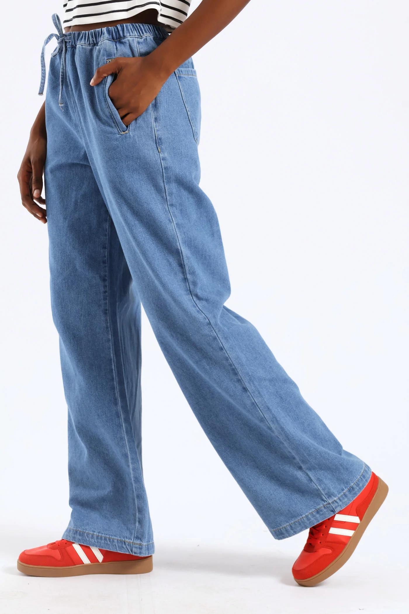 Light Weight Elasticated Wideleg Jean - Medium Blue - Image 2