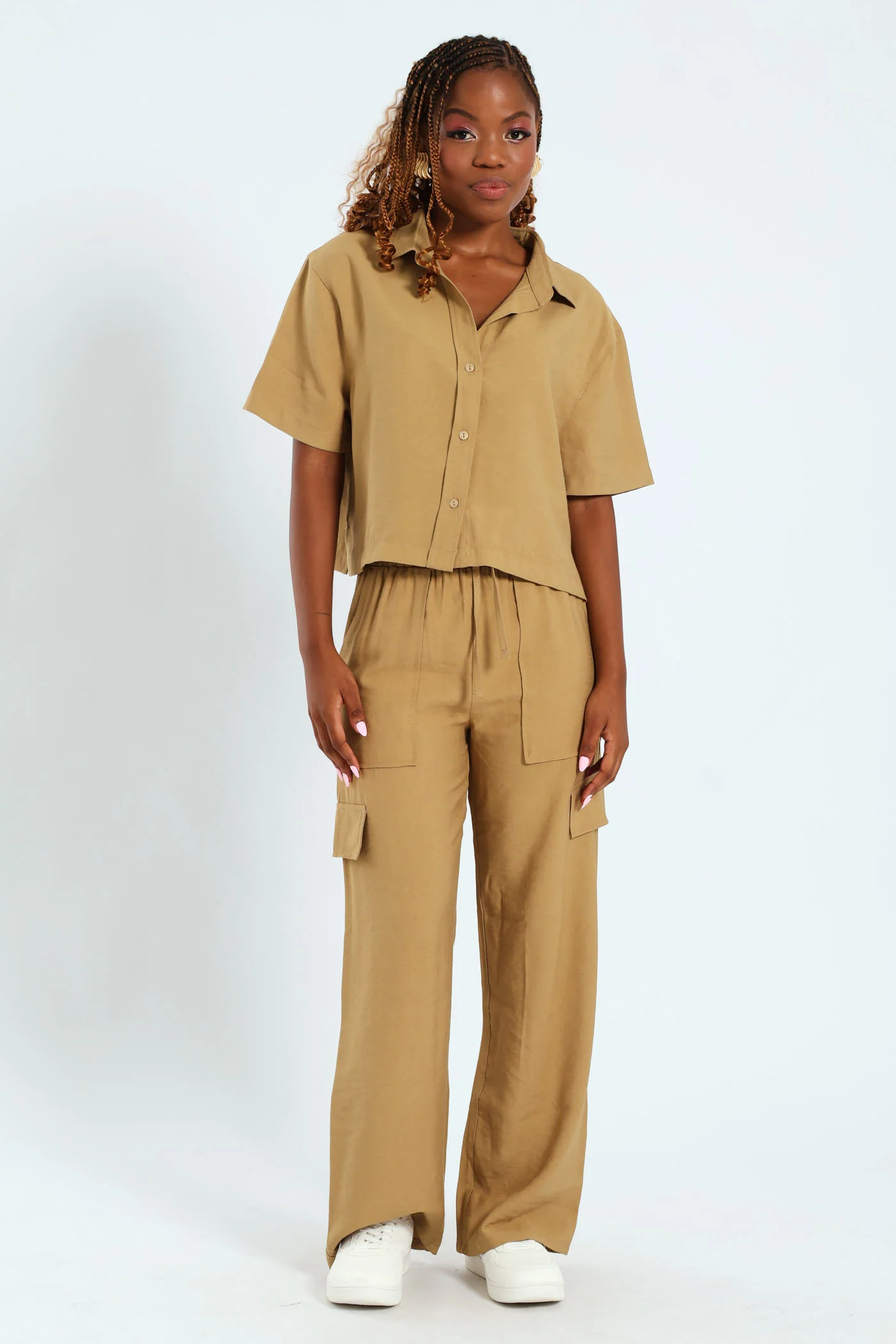 Linen Like Cargo Pants - Olive - Image 2