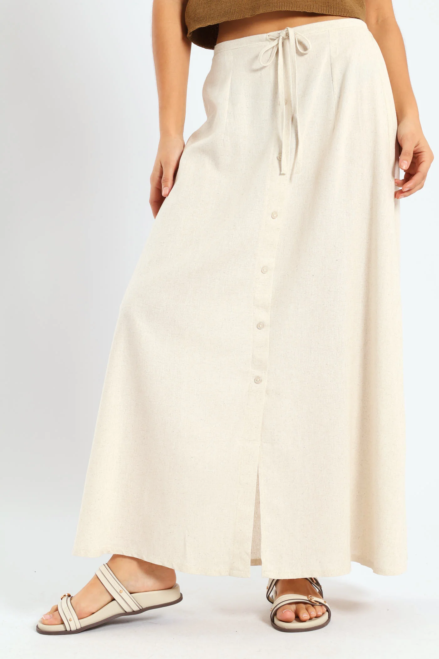 Linen Look Button Front Maxi Skirt - Oatmeal