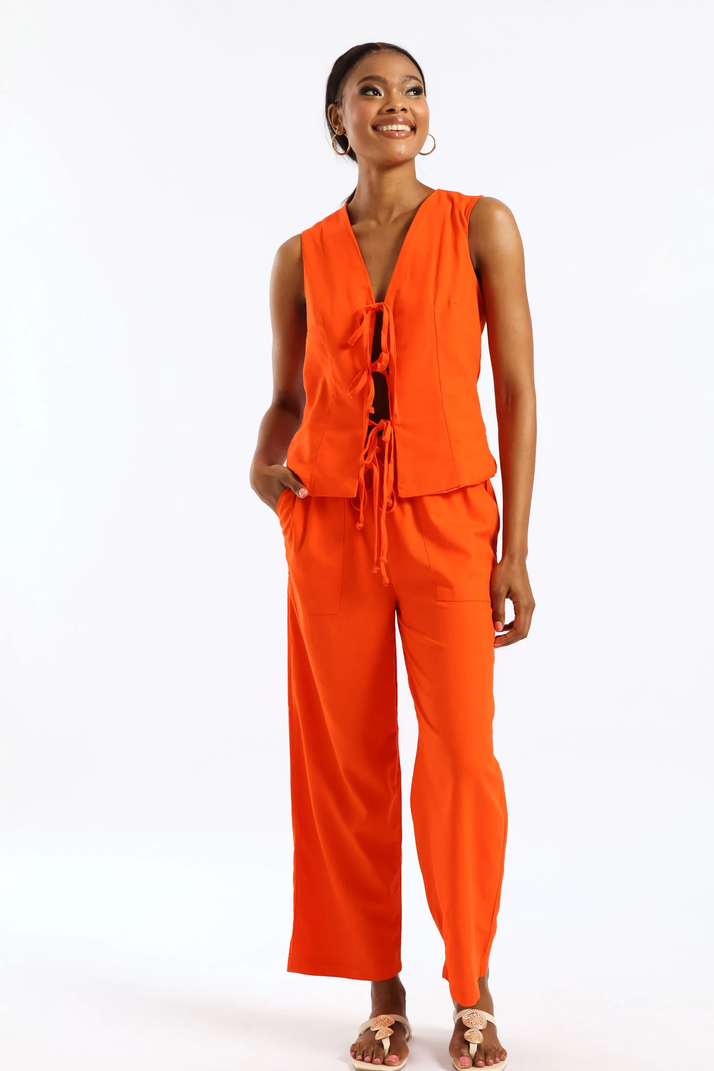 Linen Look Elasticated Waist Pants - Tangerine - Image 2