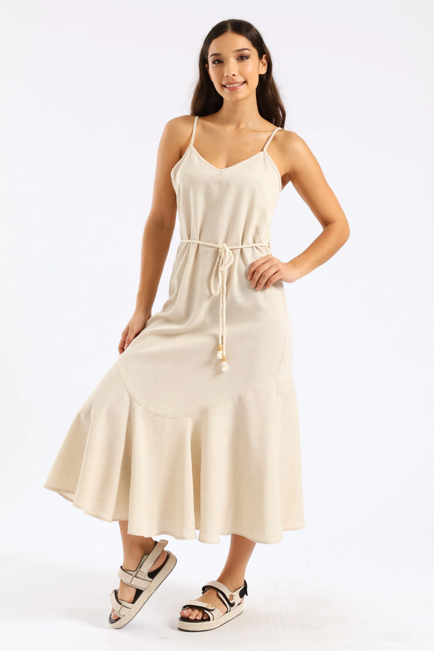 Linen Look Rope Tie Midi Dress - Oatmeal