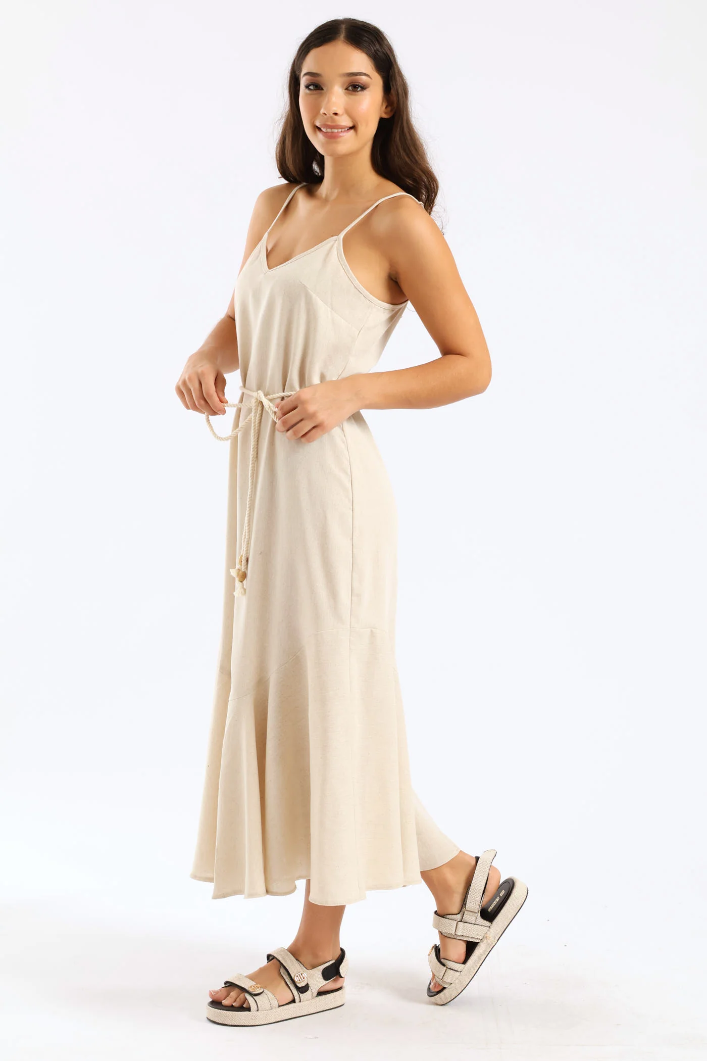 Linen Look Rope Tie Midi Dress - Oatmeal - Image 2