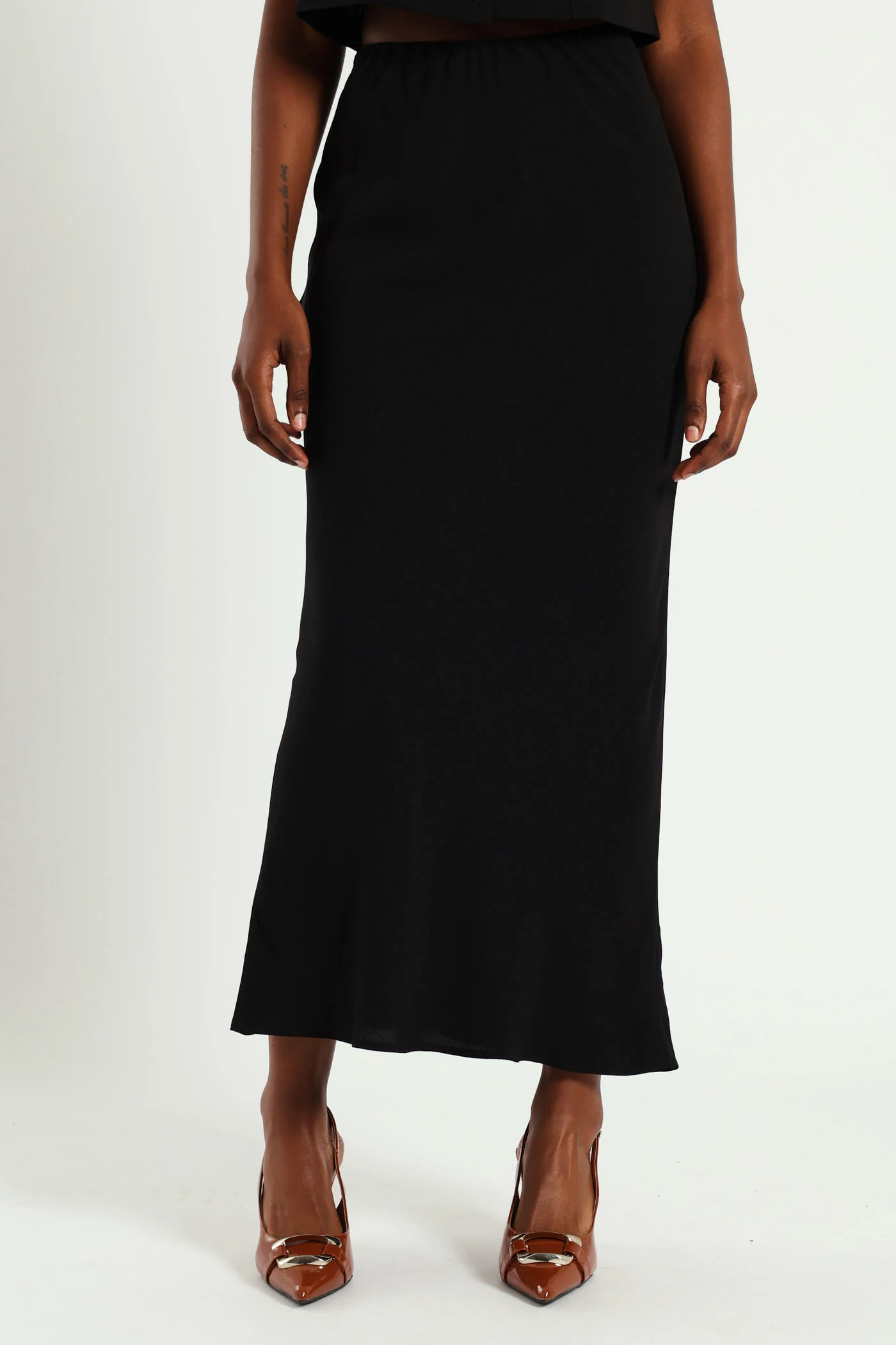 Linen Look Slip Midi Skirt - Black