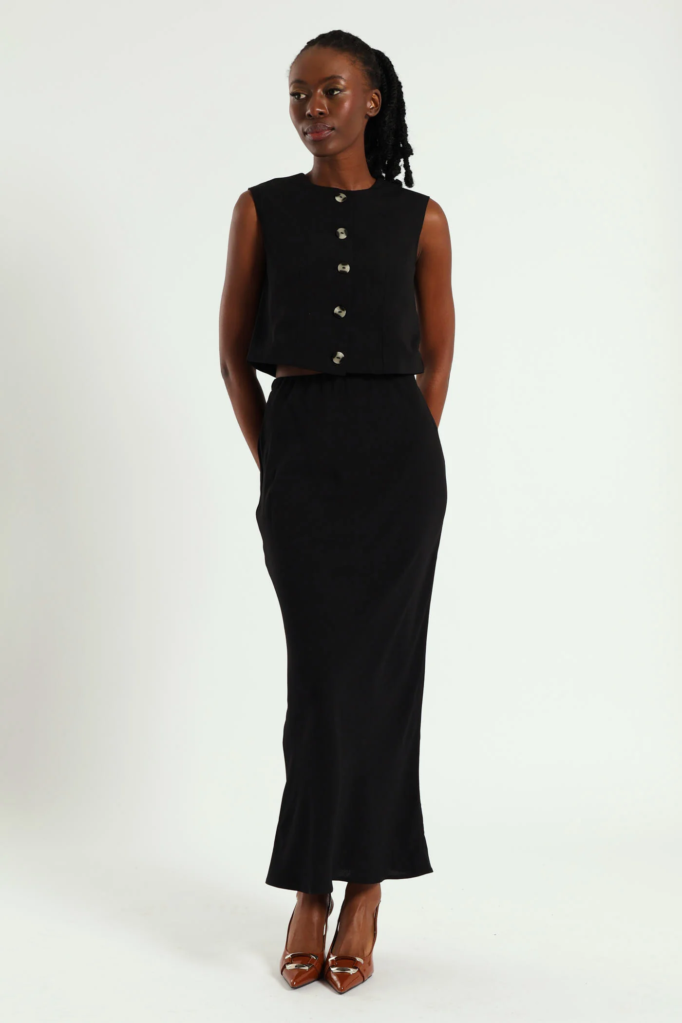 Linen Look Slip Midi Skirt - Black - Image 2