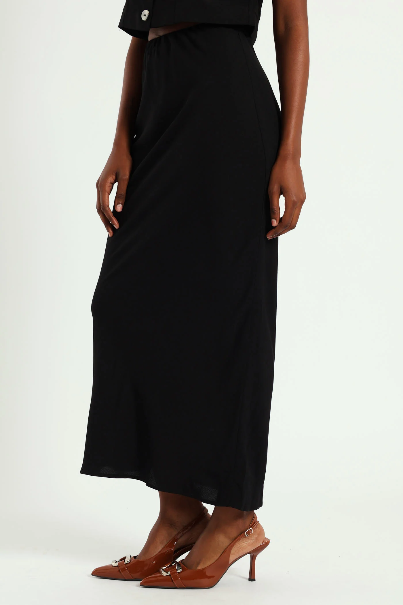Linen Look Slip Midi Skirt - Black - Image 3