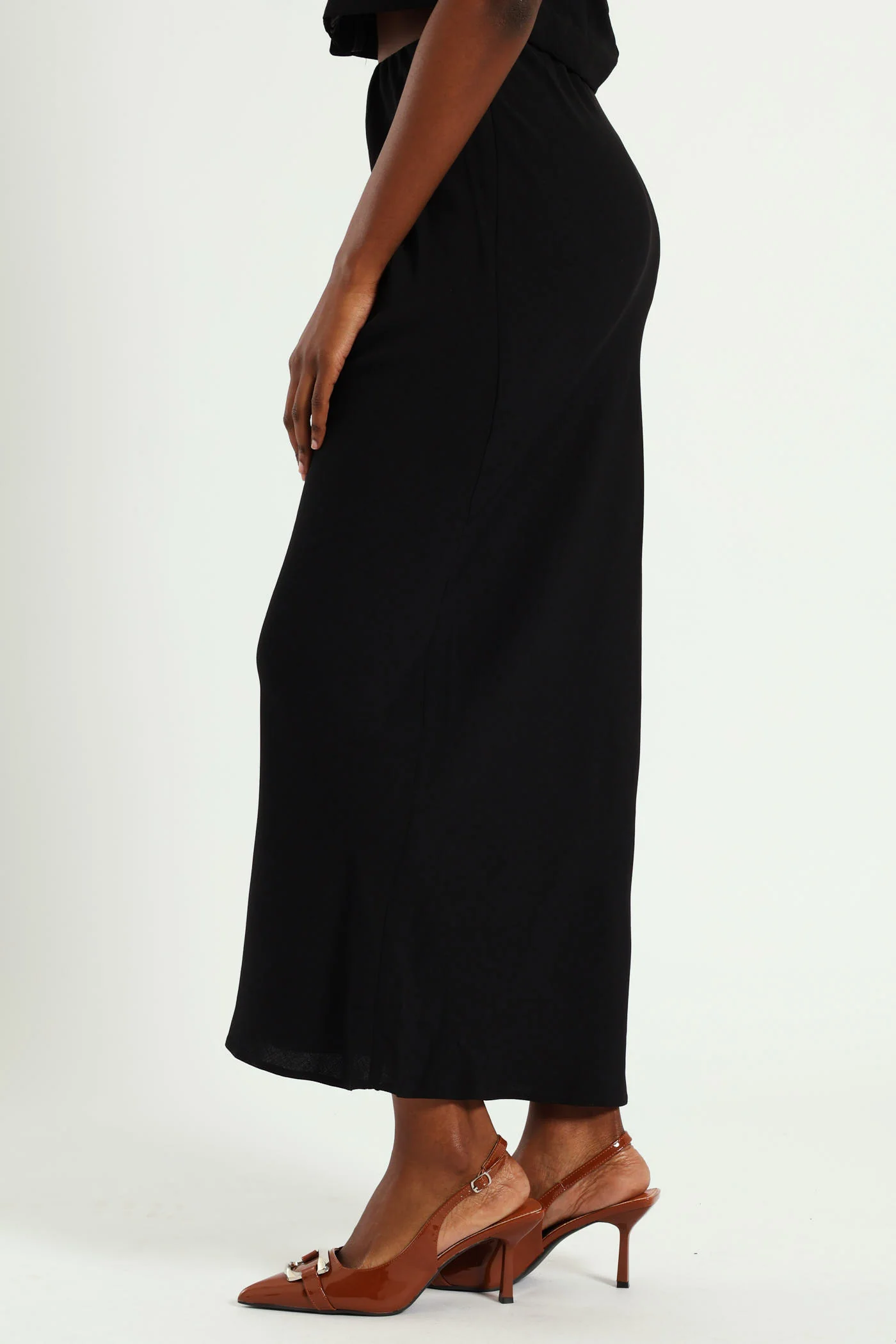Linen Look Slip Midi Skirt - Black - Image 4