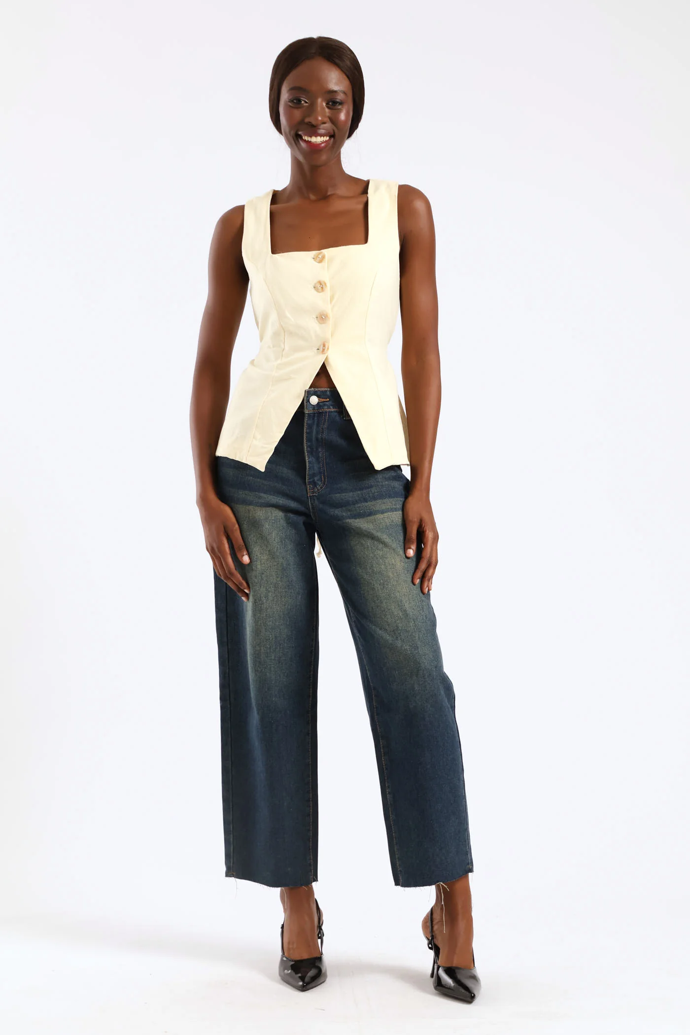 Linen Look Square Neck Waistcoat - Yellow - Image 2