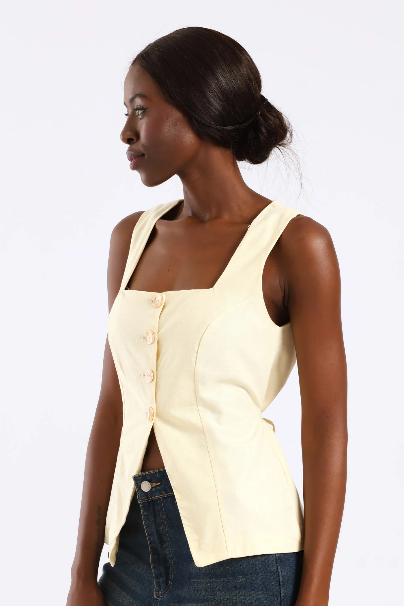 Linen Look Square Neck Waistcoat - Yellow - Image 3