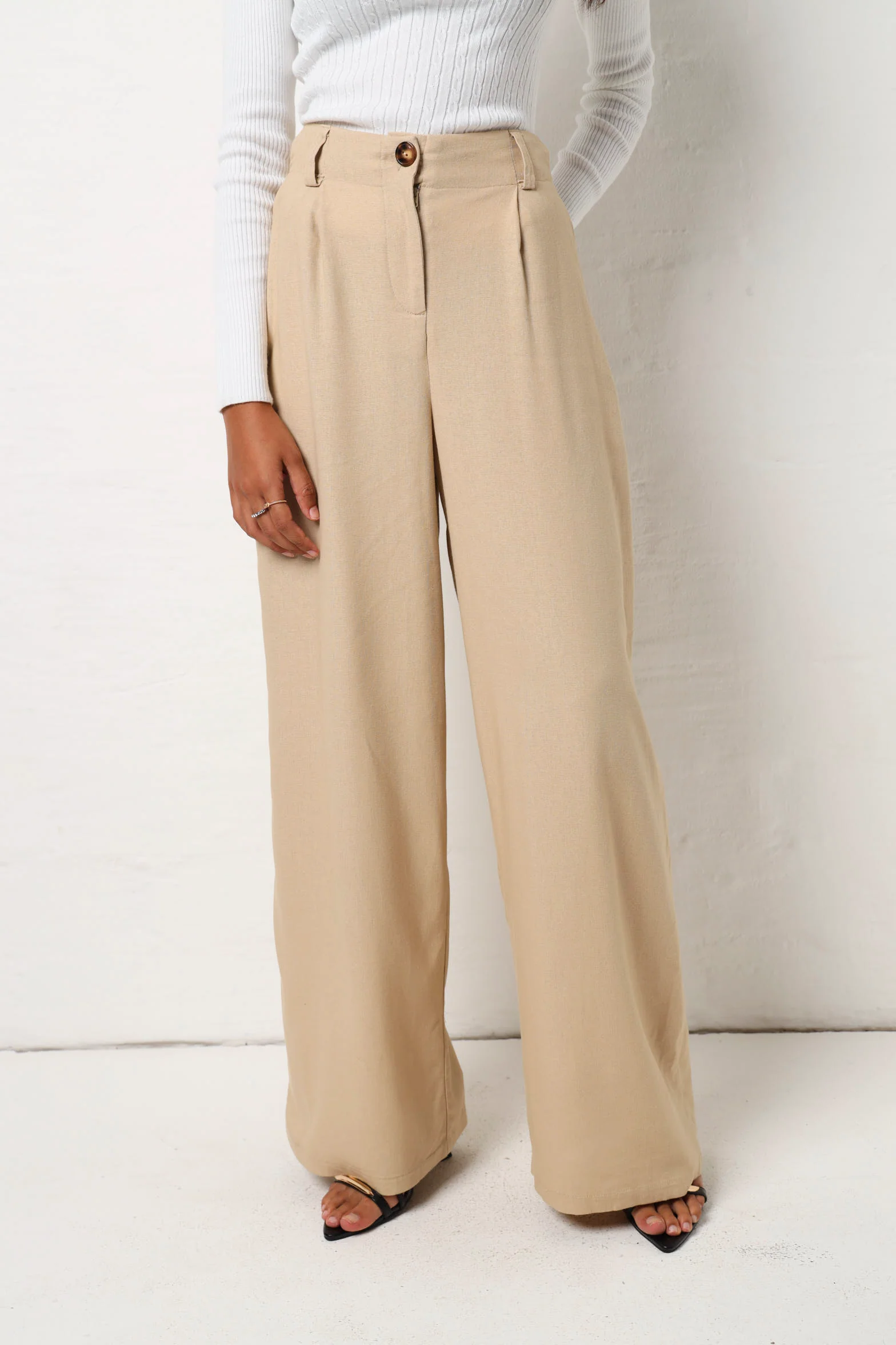 Linen Look Wide Leg Pant - Stone