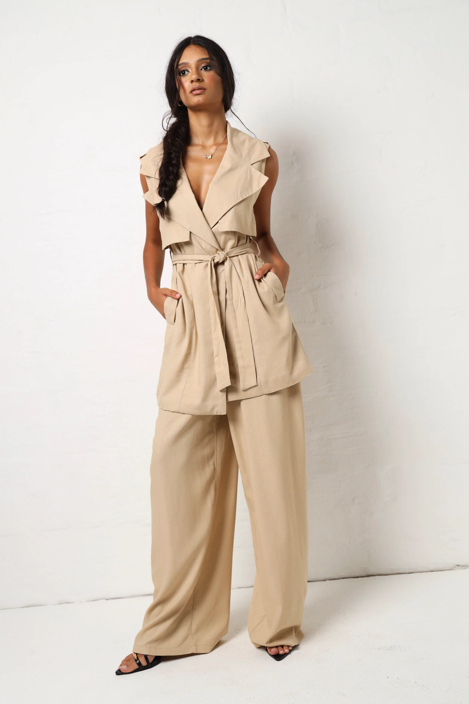 Linen Look Wide Leg Pant - Stone - Image 2