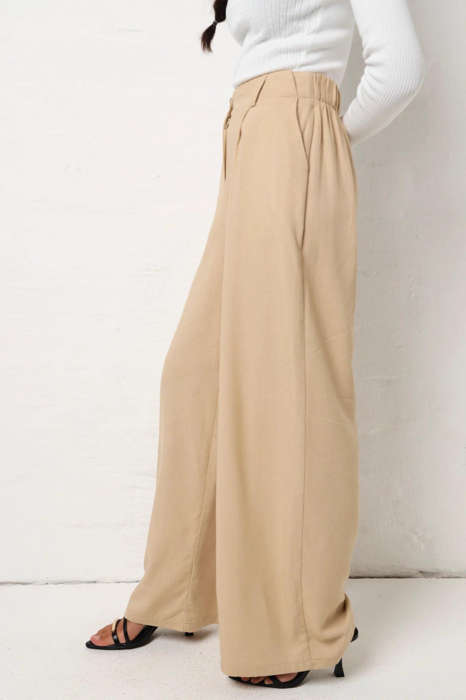 Linen Look Wide Leg Pant - Stone - Image 5