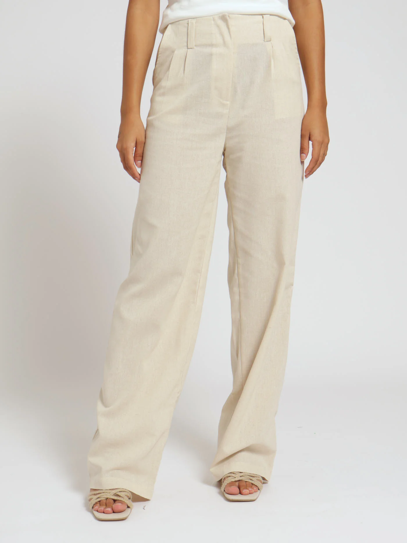 Linen Pleat Detail Wideleg Pants - Oatmeal
