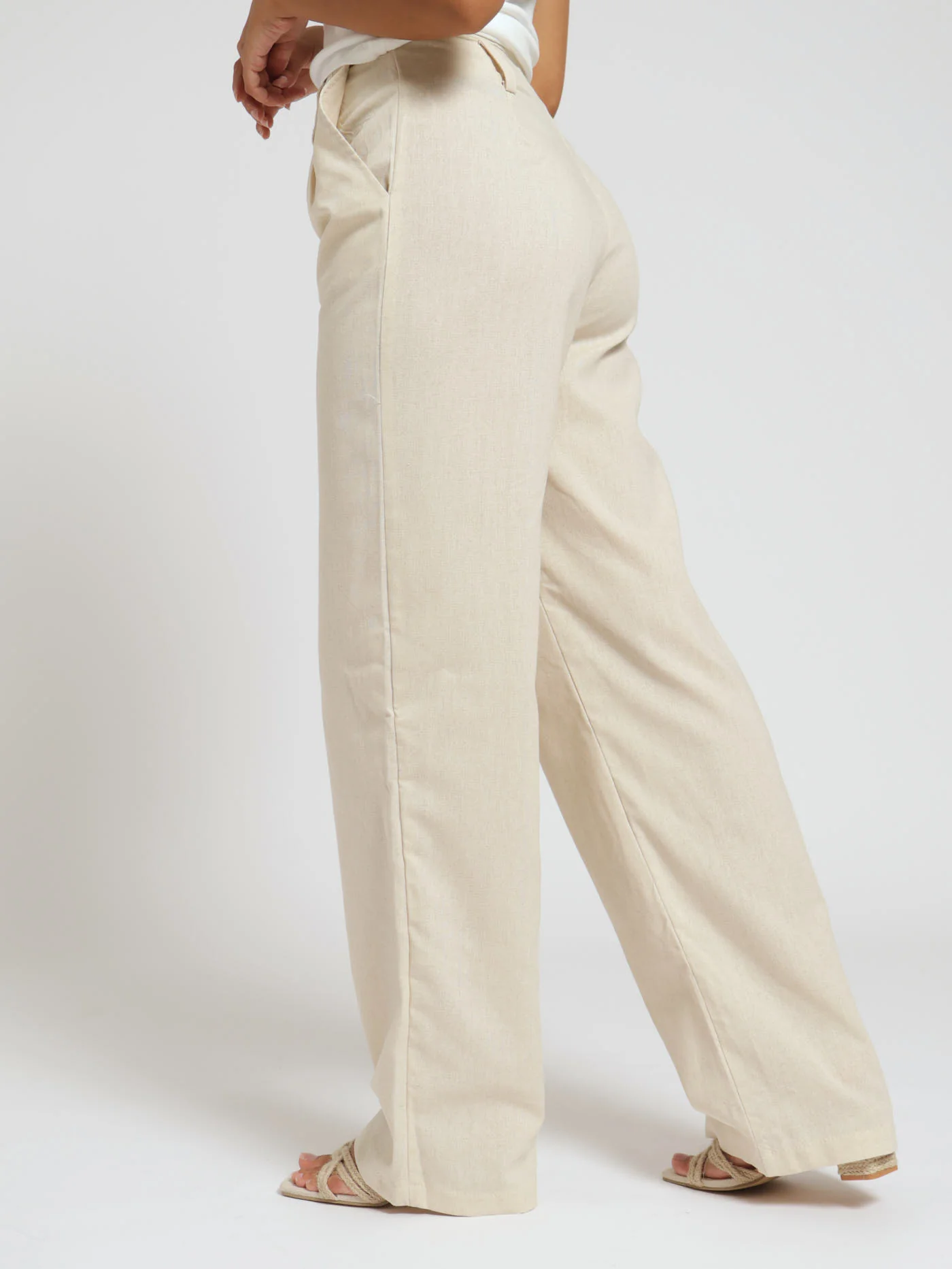 Linen Pleat Detail Wideleg Pants - Oatmeal - Image 2