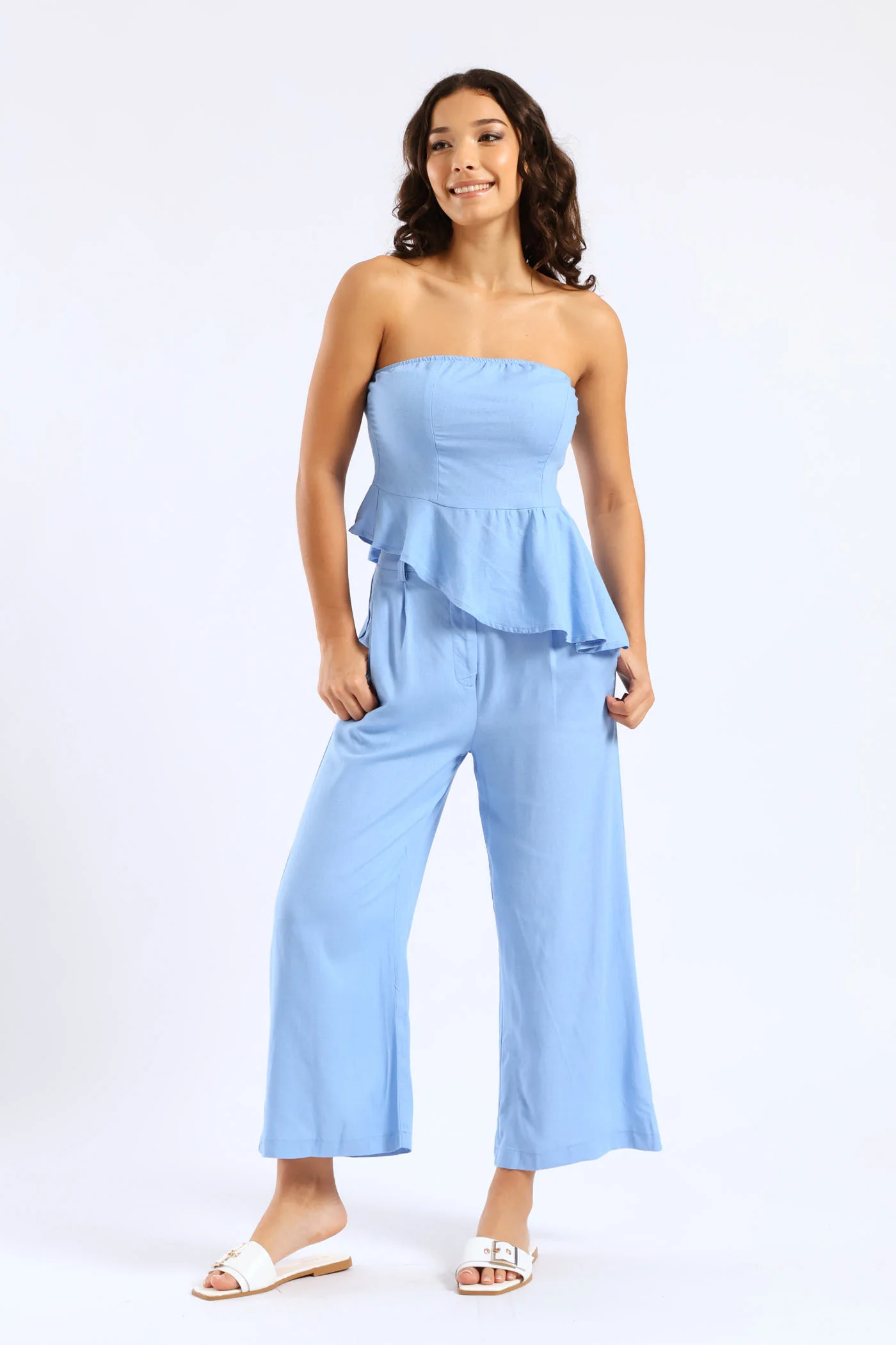 Linen Wideleg Culotte Pants - Blue - Image 2